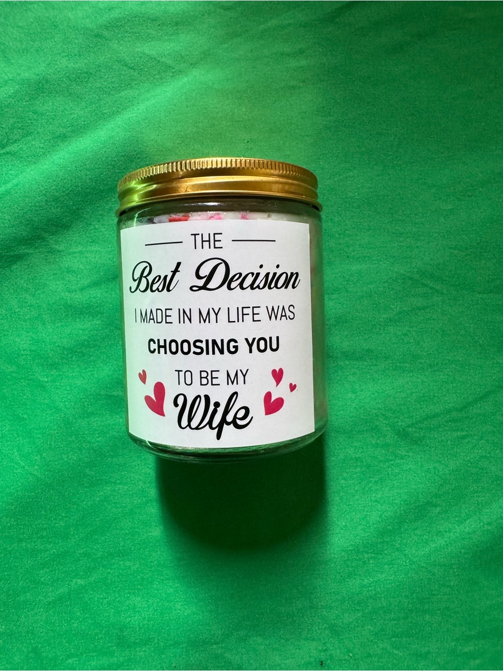 Best Decision 'Wife' Glass Jar Candle - Gold Lid, White Label with Pink Hearts